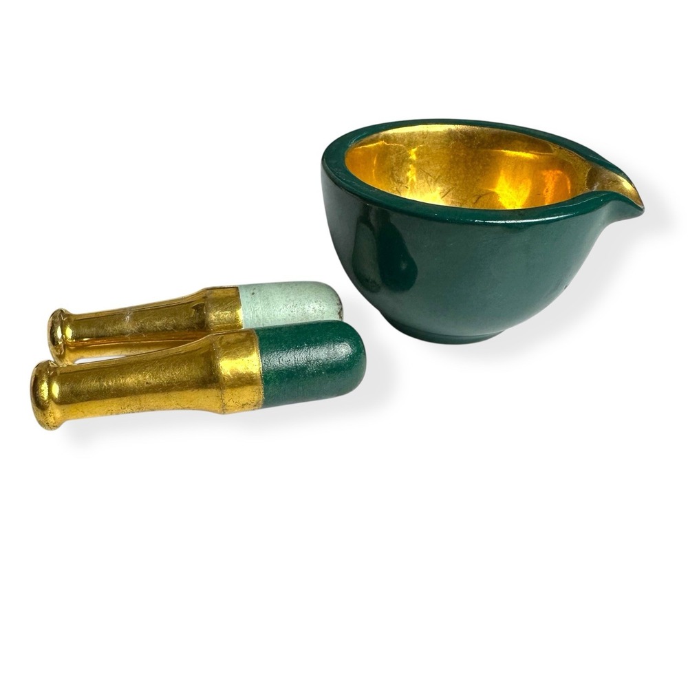 Vintage Ceramic Mortar & Pestles Green Gold 3.5" Small Bowl Dish RX Herb Grinder - Picture 2 of 14